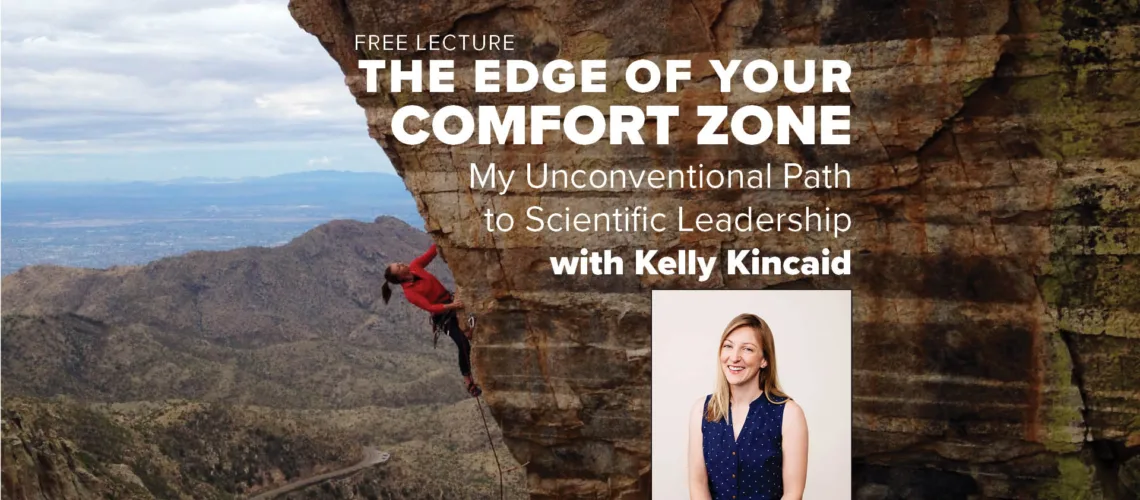 Kelly Kincaid Lecture image of her rock climbing and head shot