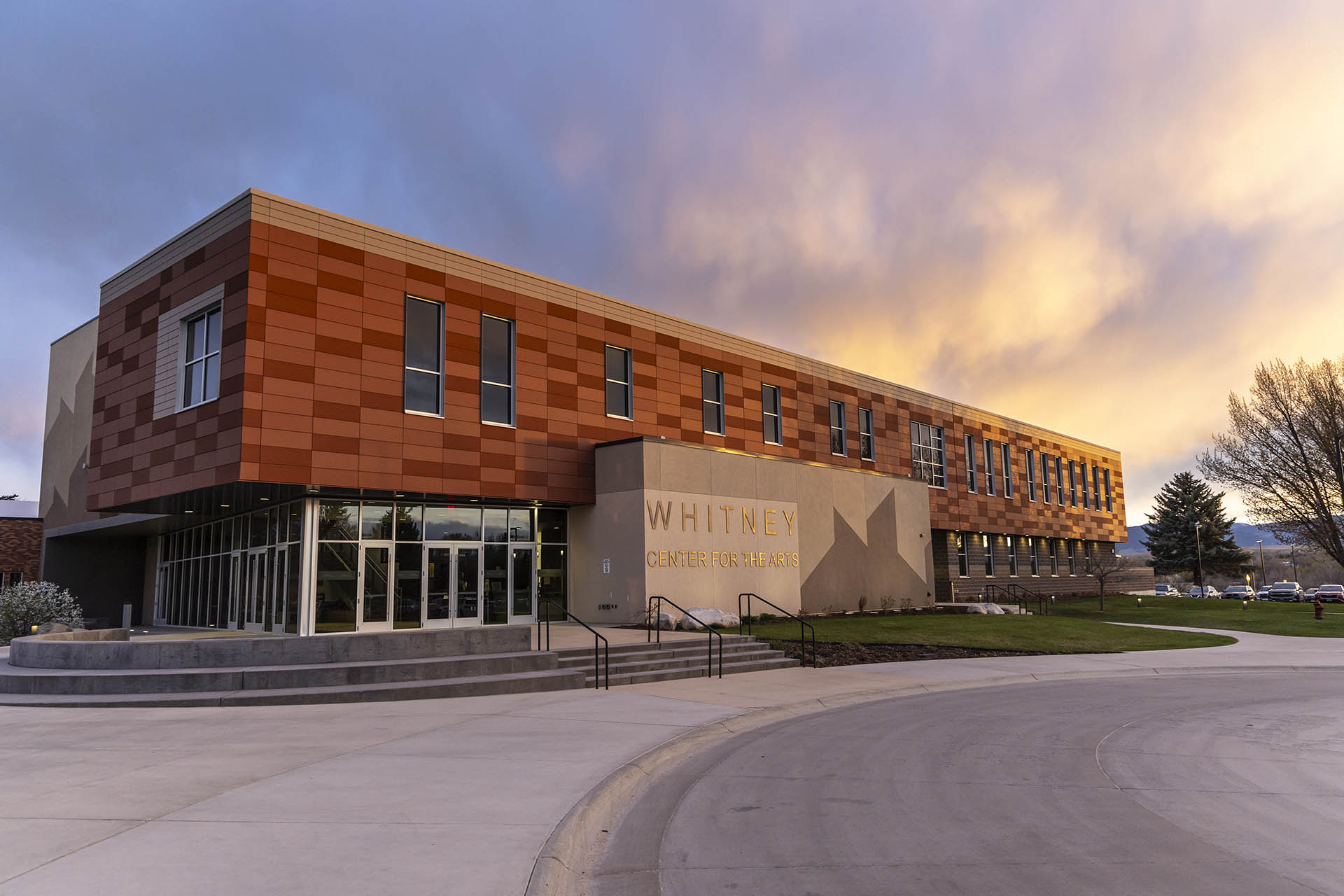 Sunset photograph of the Whitney Center for the Arts at Sheridan College