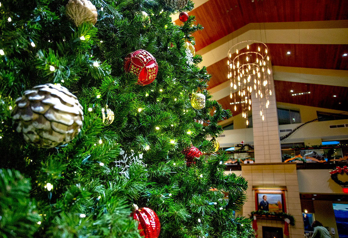Sheridan College Christmas tree in the Atrium of the Whitney Academic Center.