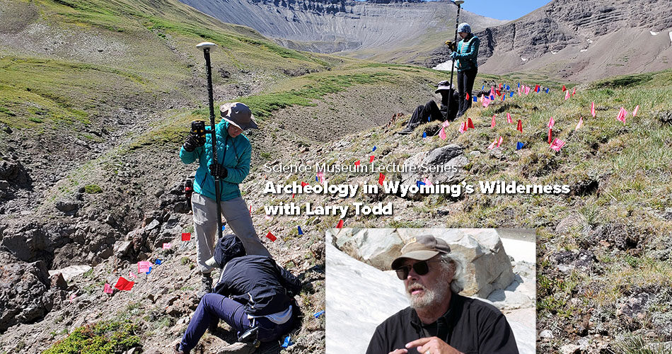 Image showing archeology field students marking a site with small red flags up in the alpine - above treeline - zone of the Absaroka Mountains in Wyoming