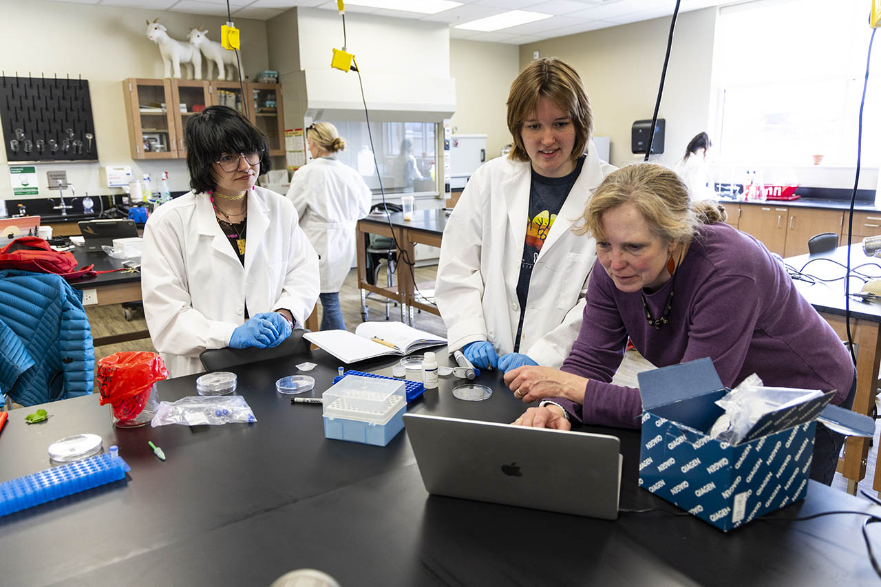 Students and their instructor working at a table in the plant science lab at Sheridan College, dressed in white coats and wearing blue latex gloves.