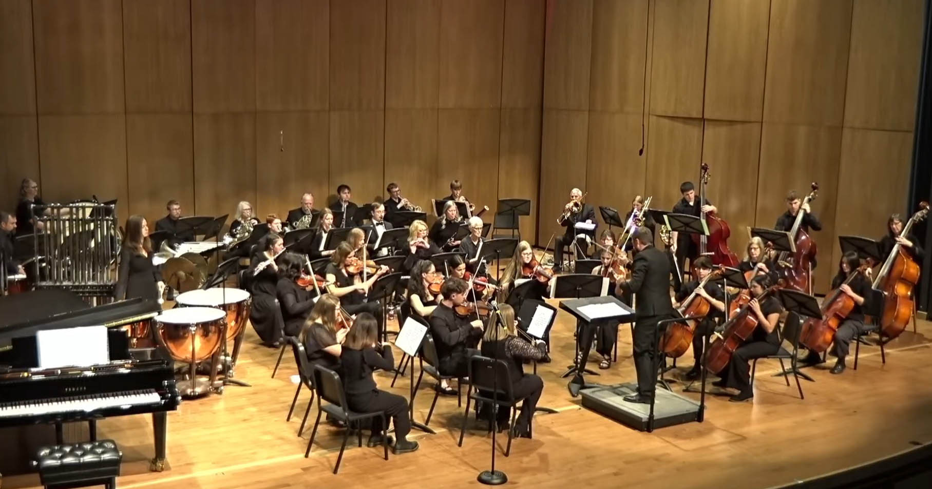 Fall 2025 Symphony Orchestra Concert, string orchestra and conductor on stage