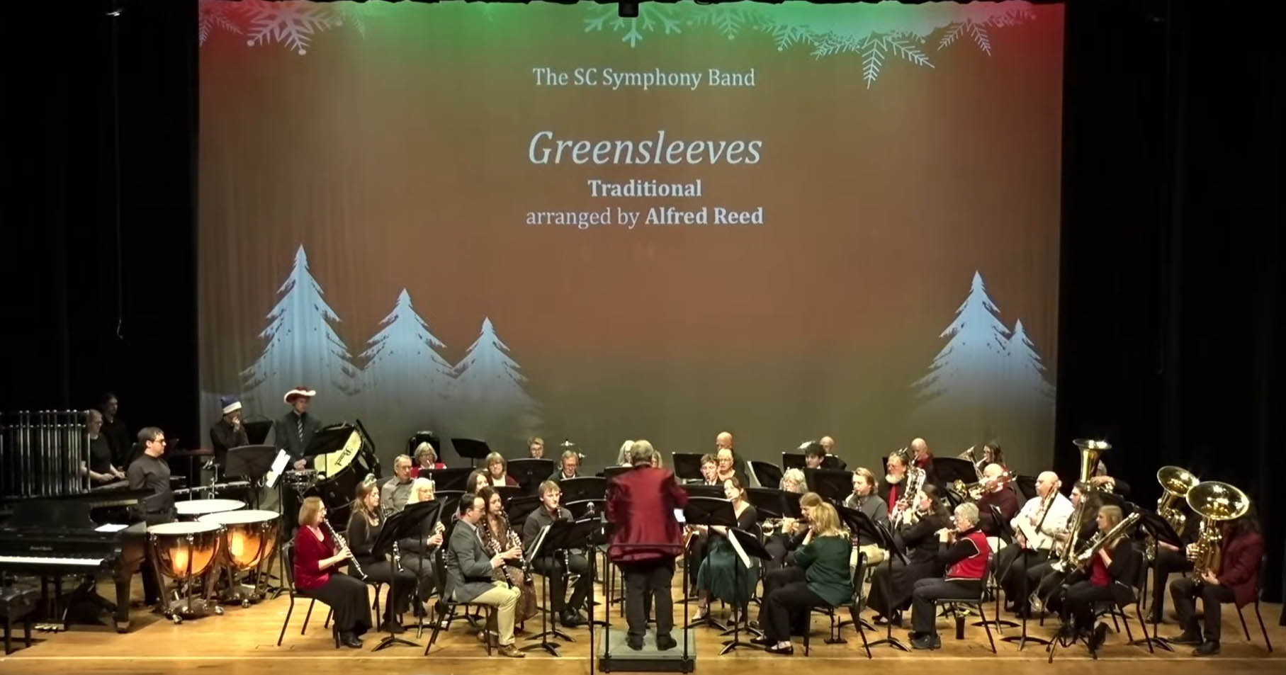 Image of the Holiday Swing concert in kinnison hall, jazz band on stage.