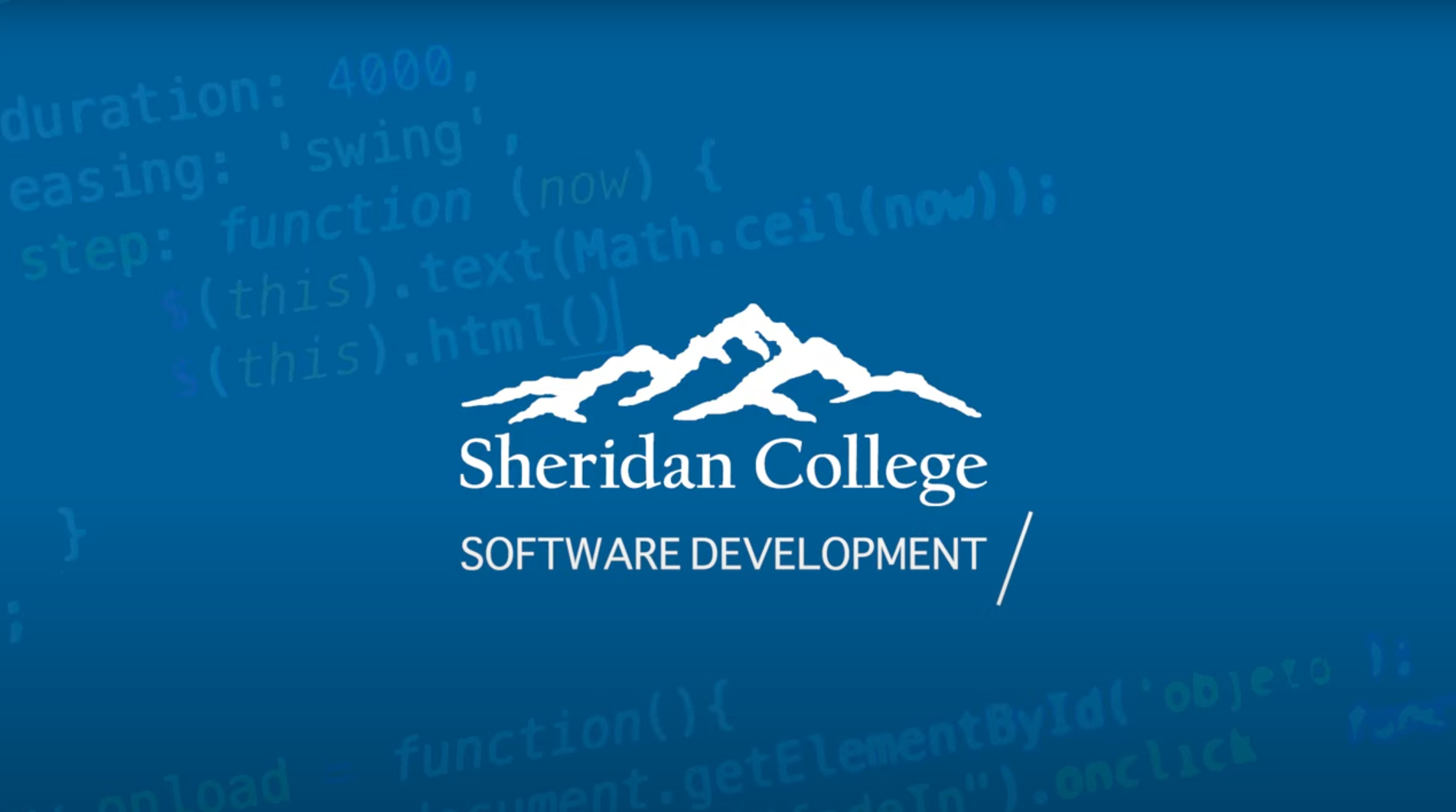 Sheridan College Software Development logo on blue background with white code