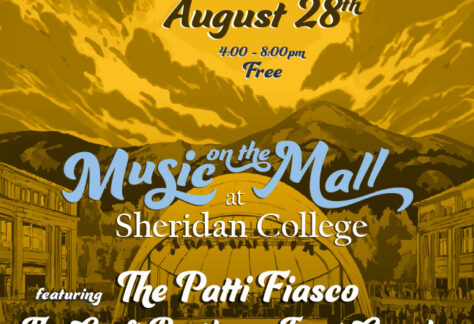 Poster graphic for Music on the Mall Thursday August 28 featuring The Patti Fiasco, The Craft Brothers, and Trout Goggles