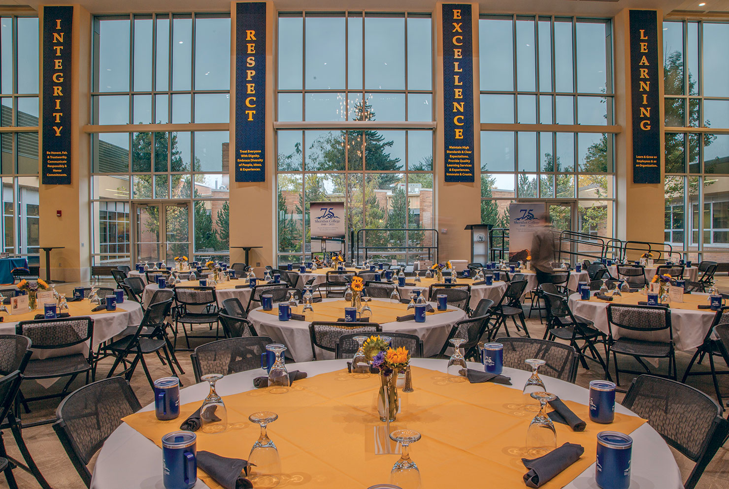 Sheridan College event setup in the Whitney Atrium