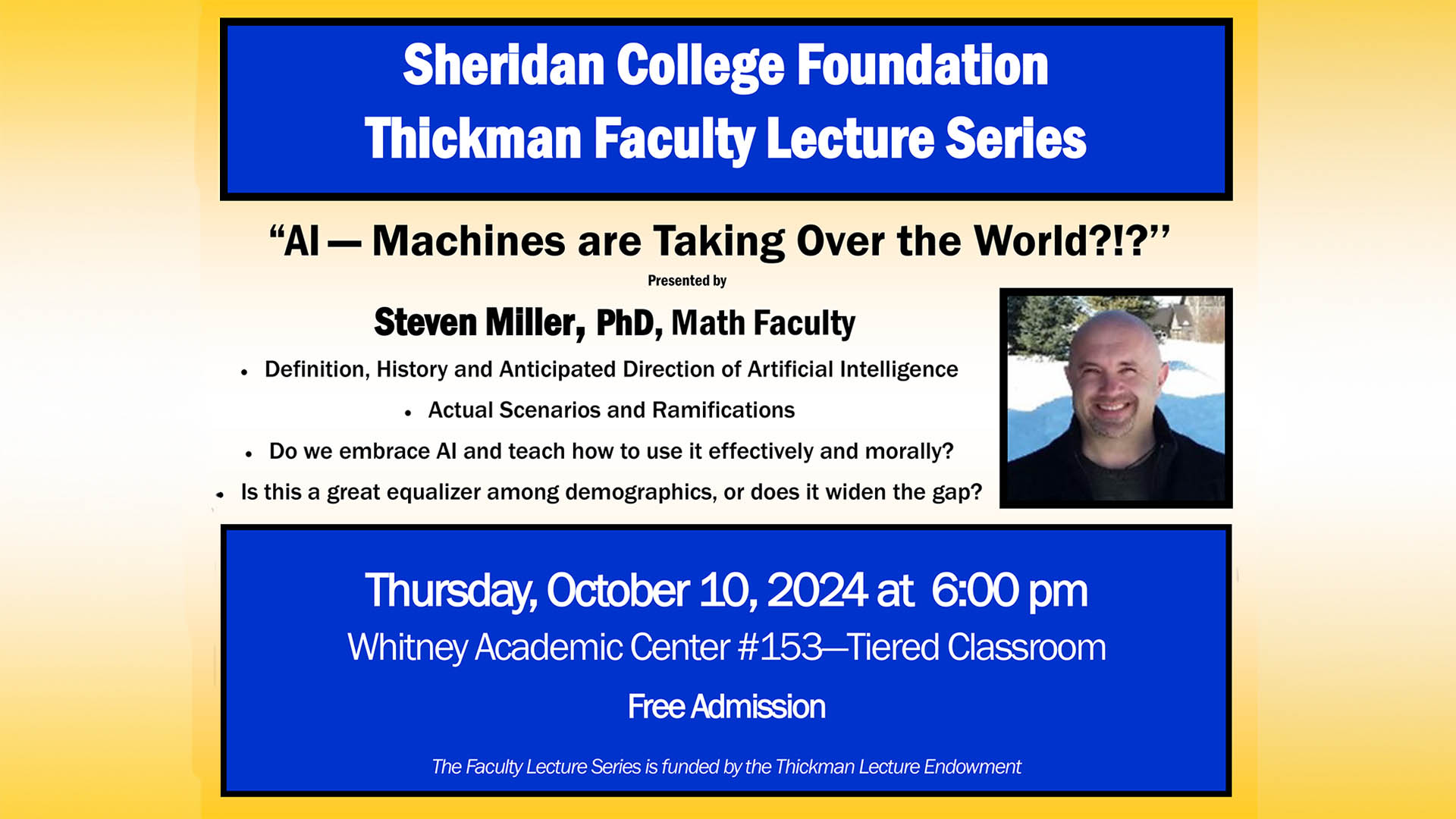 Graphic with info for the Thickman Lecture on Artificial Intelligence