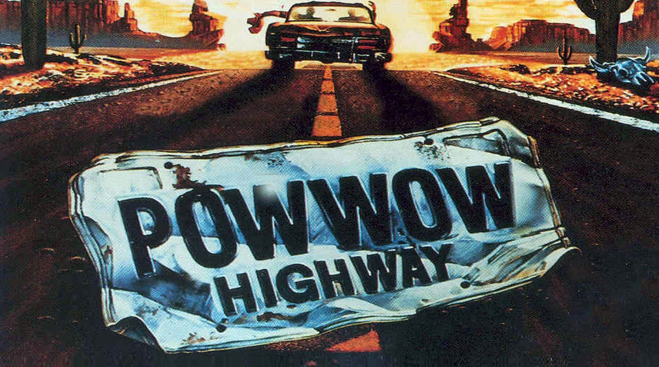 Powwow Highway Graphic for Powwow Highway film with car heading into the distance and a crumpled license plate in the foreground.