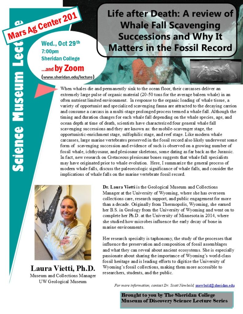 Flyer for science lecture on Whale Falls and the Fossil Record