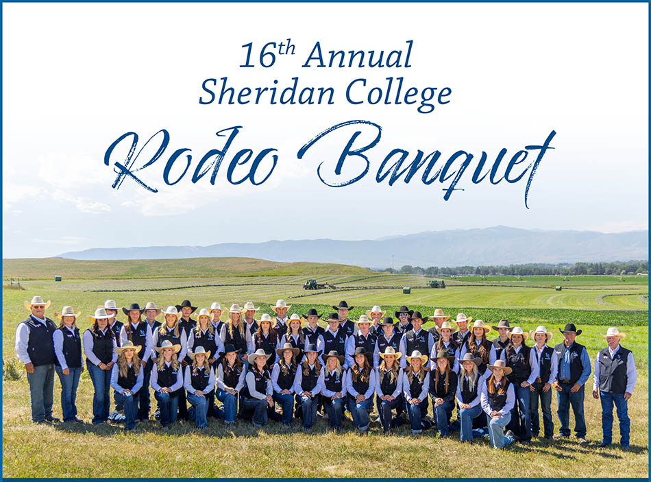 Image of the full rodeo team outside with the bighorn mountains in the background and the text 16th Annual Rodeo Banquet above them