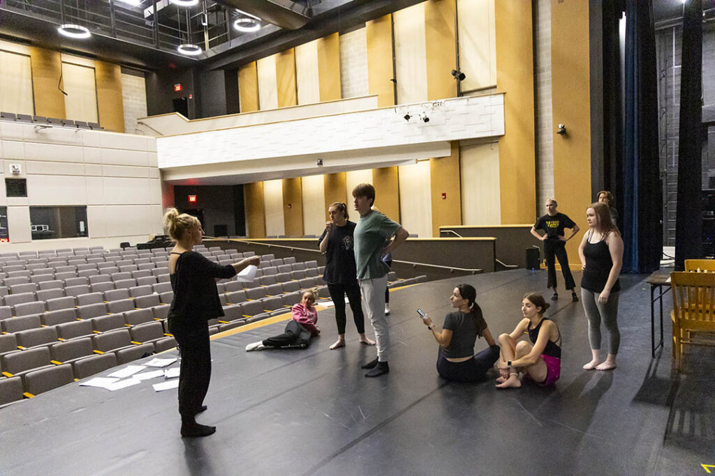 Broadway Musical theater intensive students rehearsing on stage in Kinnison Hall