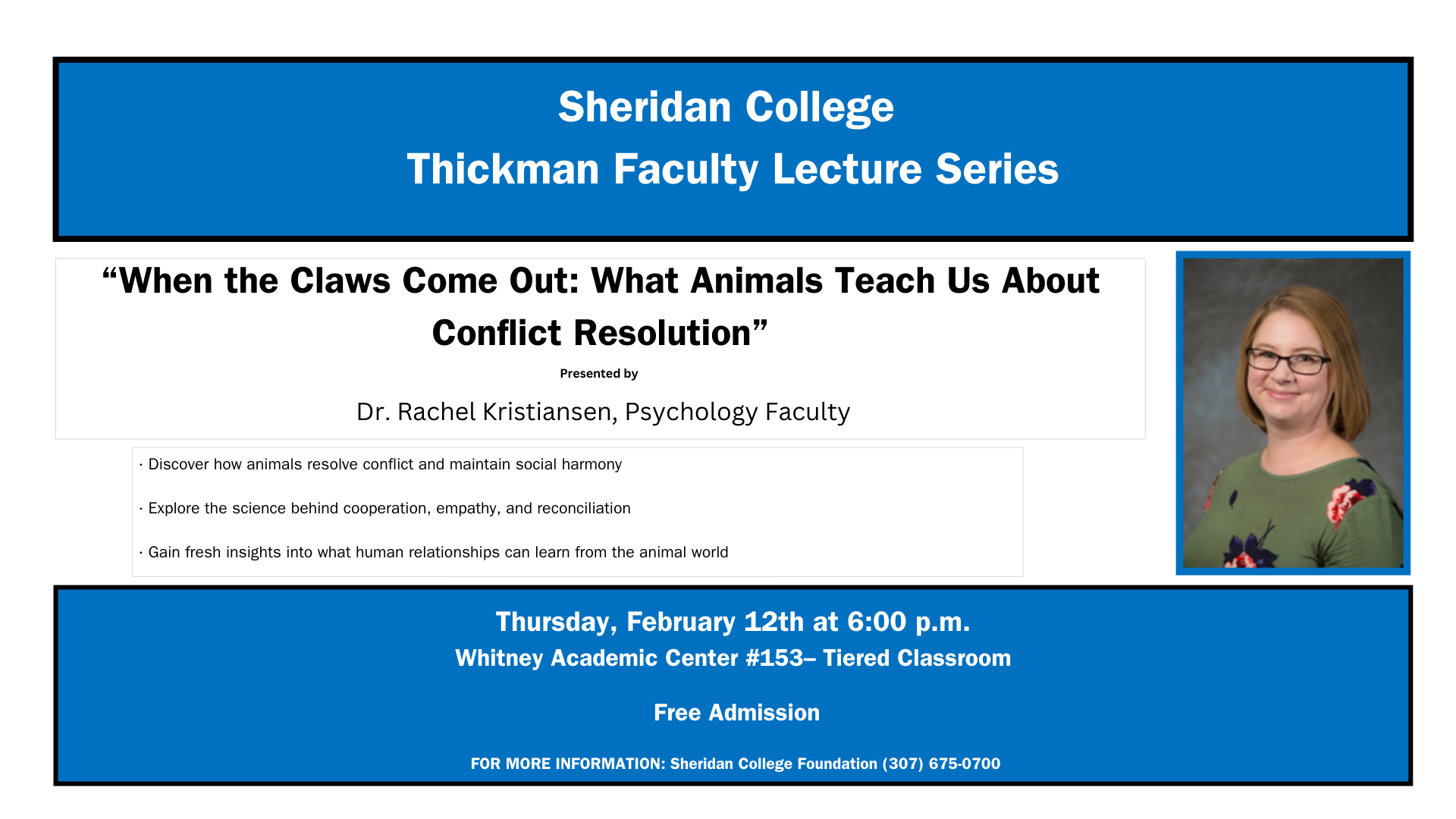 Graphic slide showing Rachael Kristiansen's headshot photo as well as the title of the lecture and bullet points about the lecture.