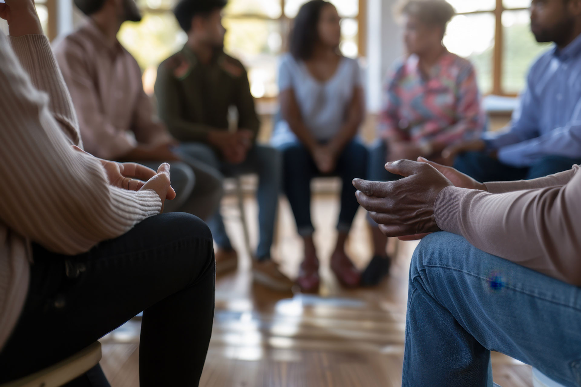 photo of a support group with focus on the hands of two individuals.