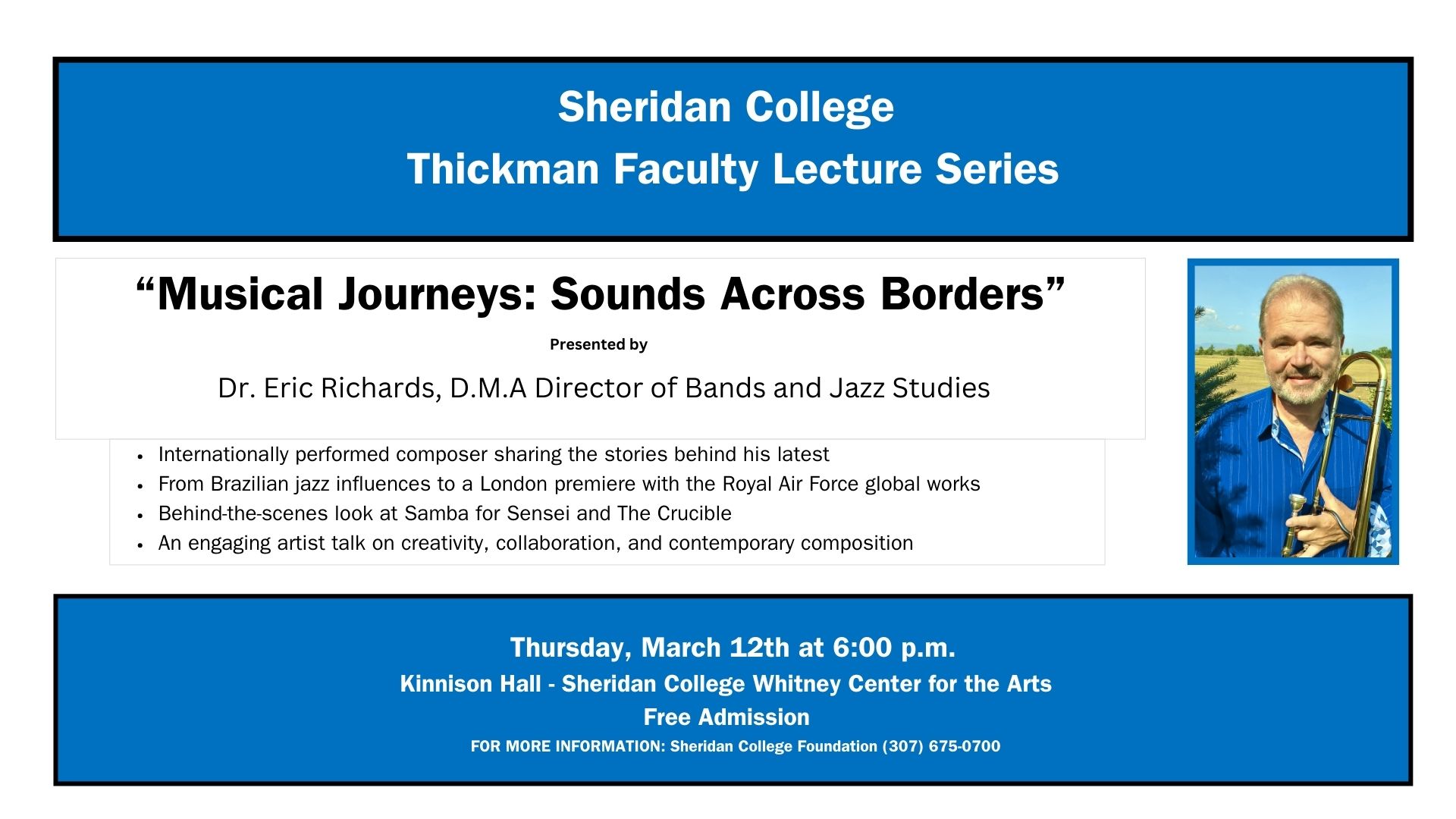 Graphic for Eric Richards lecture titled Musical Journeys: Sounds Across Borders.