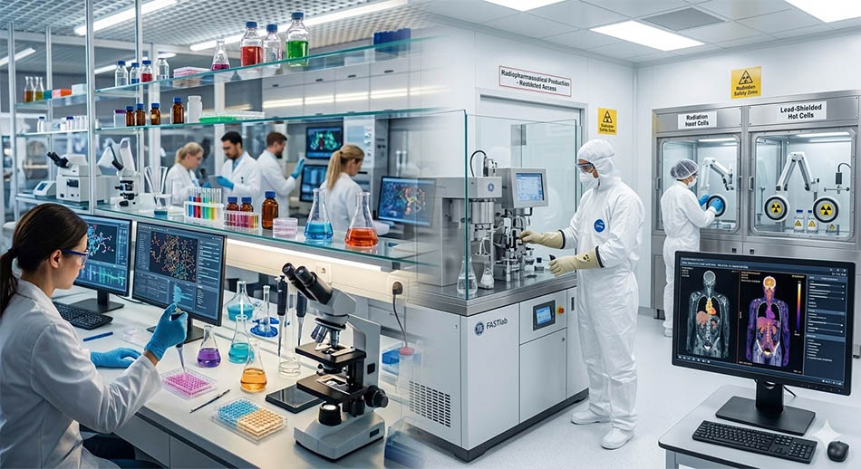 collage of two images showing medical technicians in a lab