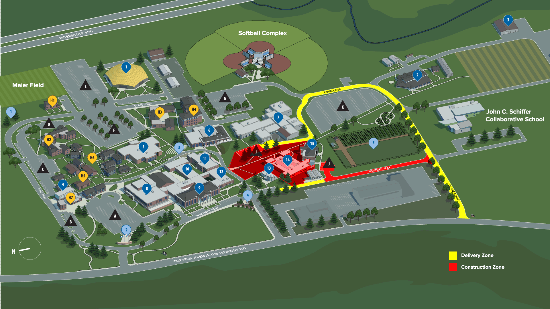 Sheridan College campus map with construction zones