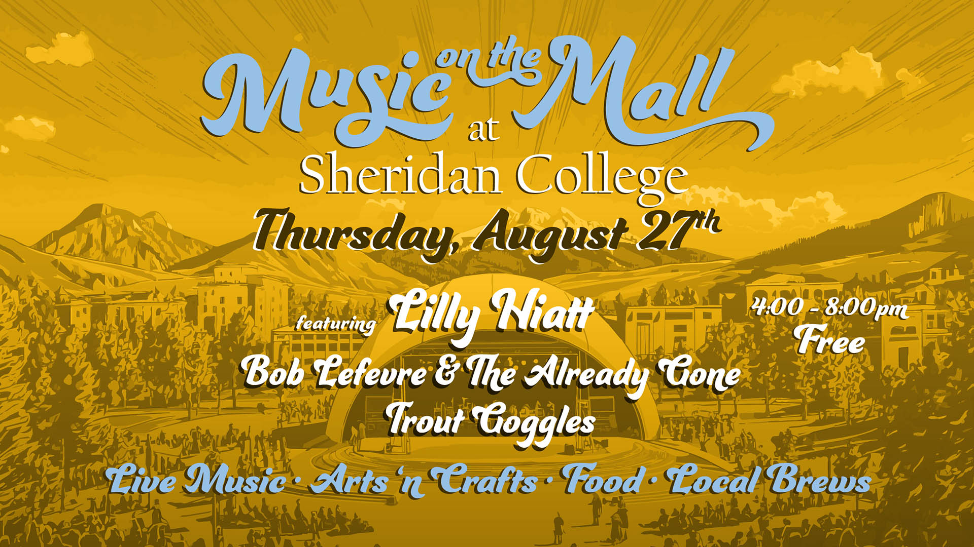 Graphic displaying the band names and info for August 27 Music on the Mall event