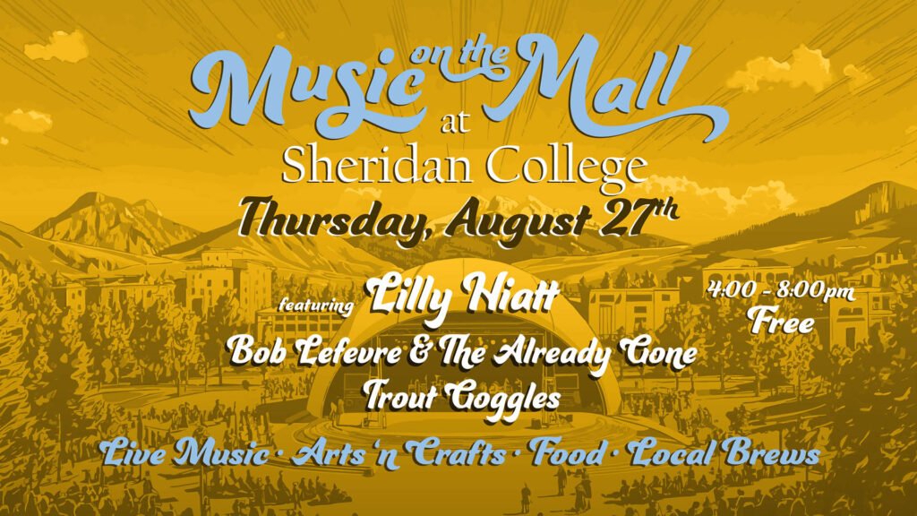 Graphic of Music on the Mall artist lineup and information showing the tent in the center of the mall and mountains in the background.