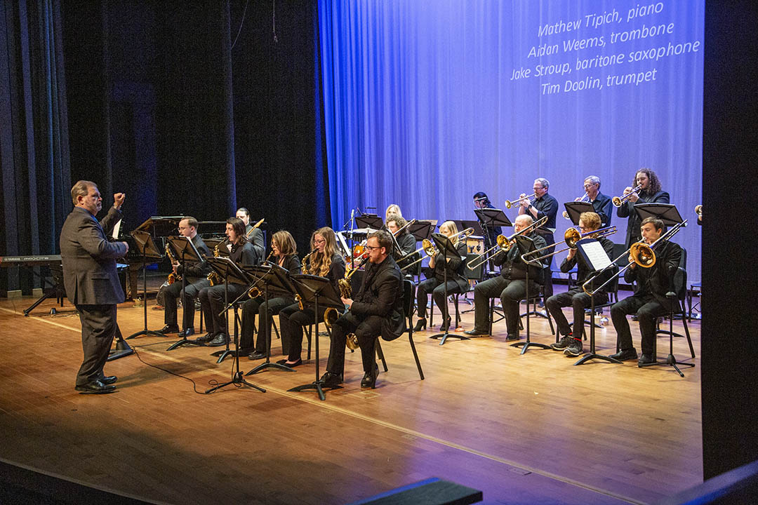 Jazz Ensemble at Sheridan College performing on the Kinnison Hall stage
