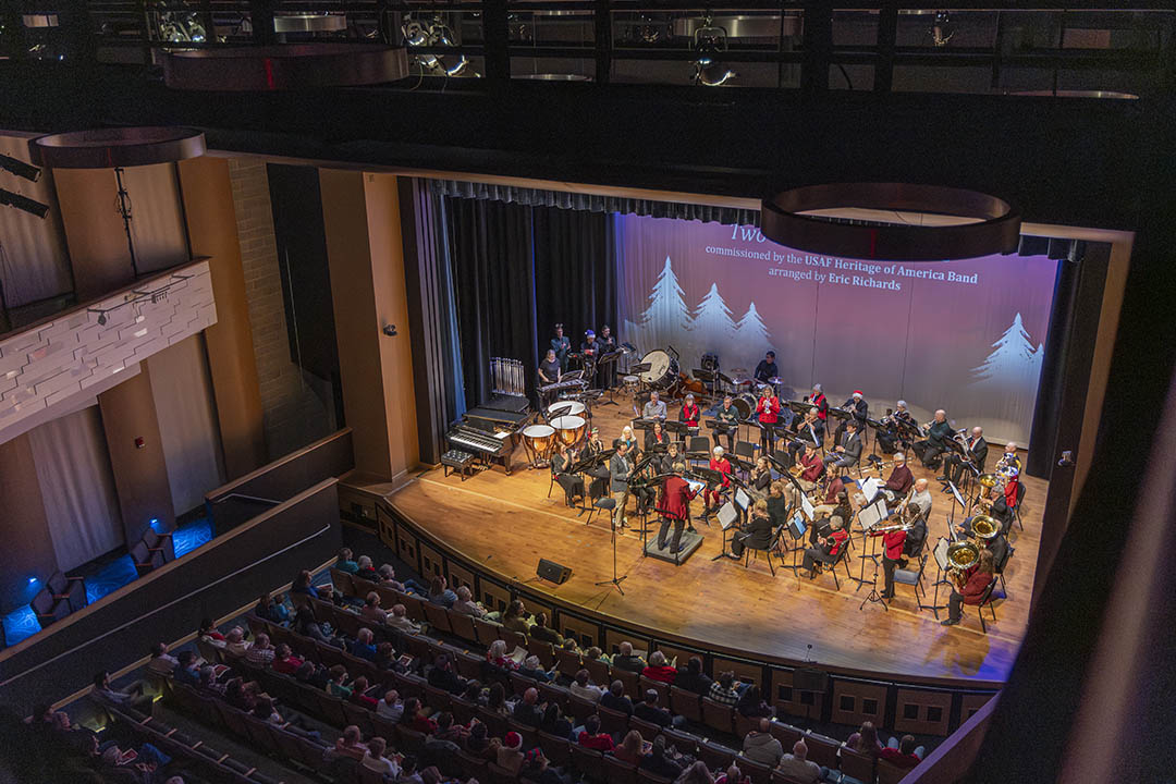 Holiday Swing image inside Kinnison Hall looking down on the crowd and the stage.