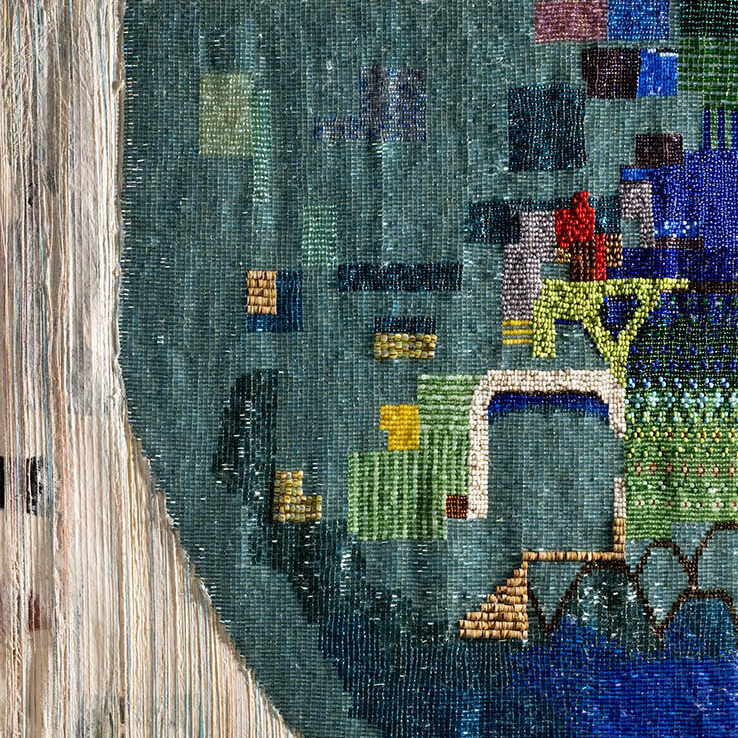 Artwork by Hannah Bennet - fabric with earth tones and rich blues.