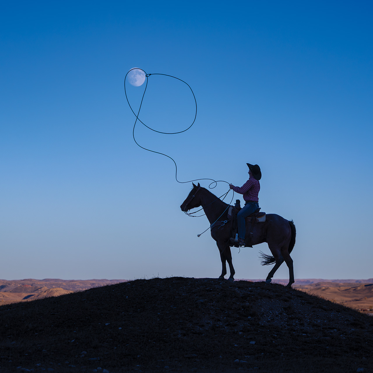 Sheridan College cowboy lassoing the moon.