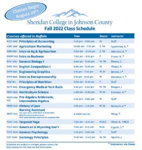 Sheridan College in Johnson County Fall Schedule of classes
